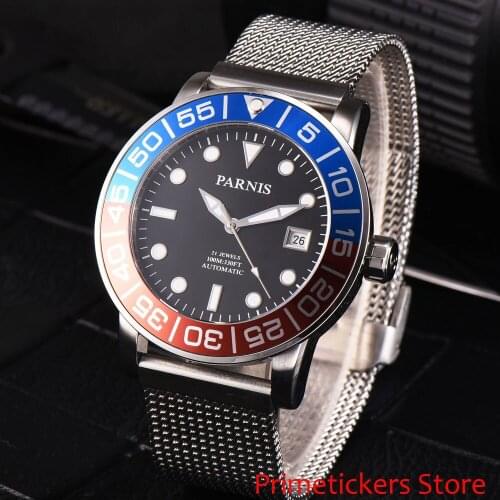 Blue & red bezel 42mm PARNIS black dial date automatic mens watch stainless steel strap