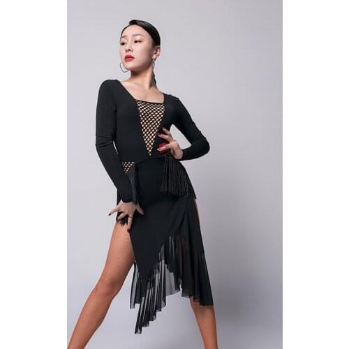 Female New Style Latin Dance Dress Long Sleeve Mesh Fringe Clothes White/Black Practice/Performance Costumes For Rumba VO563