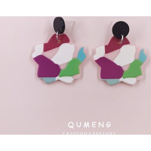 QUMENG 2021 Hotsale Unique Design Colorful Flower Printing Acrylic Drop Earrings Elegant Womens Vintage Jewelry