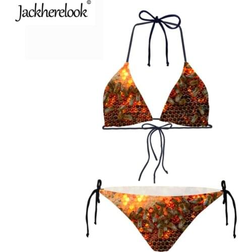 Jackherelook Sexy Women Low Waist Bikinis Set Honeycomb Bee 3D Print Halter Bandage Summer Beach Swimwear Two Pieces Swimsuits