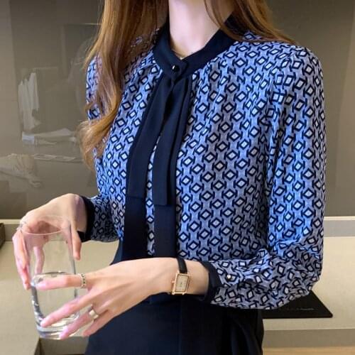 TingYiLi Spring Autumn Chiffon Blouse With Tie Korean Style Elegant Plaid Printed Blue Tops Women Office Wear Long Sleeve Shirts
