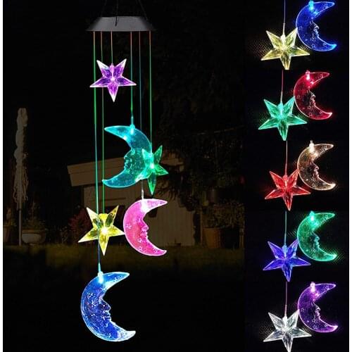 LED Solar Power Wind Chime Crystal Star Moon MutiColor Changing Waterproof Outdoor Windchime Lighting For Home Garden Decor