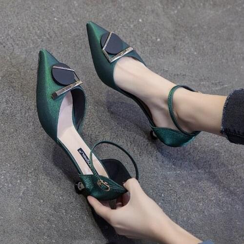 One-Word Buckle Sexy Pointed-Toe Ladies High-Heeled Shoes Summer New Style All-Match Stiletto Square Buckle Solid Color Shoes