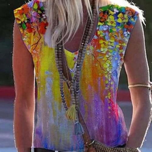 Vintage Floral Print Sleeveless Blouse Shirt Women Summer Elegant V-Neck Pullover Tops Casual Female Plus Size Loose Blouses