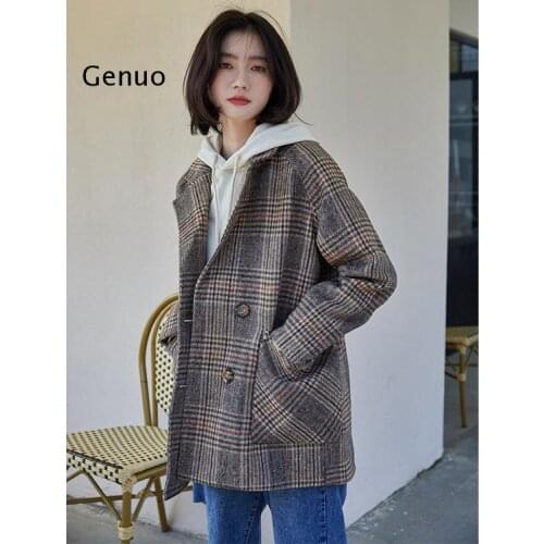 Vintage Double Breasted Plaid Woolen Blazer New Long Sleeve Turn Down Collar Autumn Winter Women Coat Jacket Female