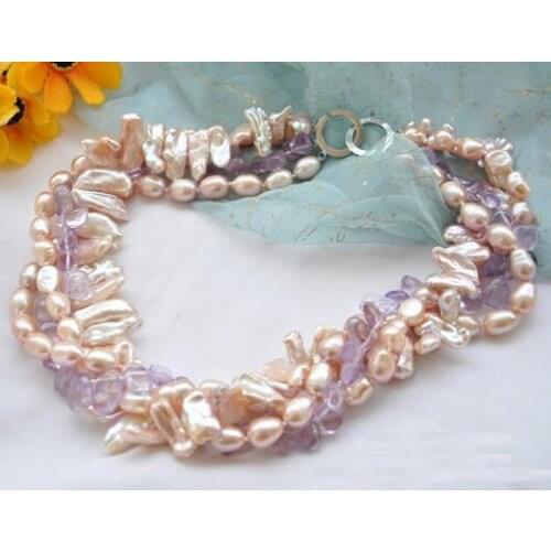 Perfect Handmade Luck Jewellery,4Rows 18inches Pink Baroque Rice Biwa Pearl Ame-thyst Necklace