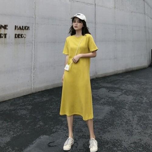 Women Summer Casual Loose Solid T Shirt Dress O Neck Oversize Short Sleeve Basic Korean Harajuku Straight Dresses Vestidos