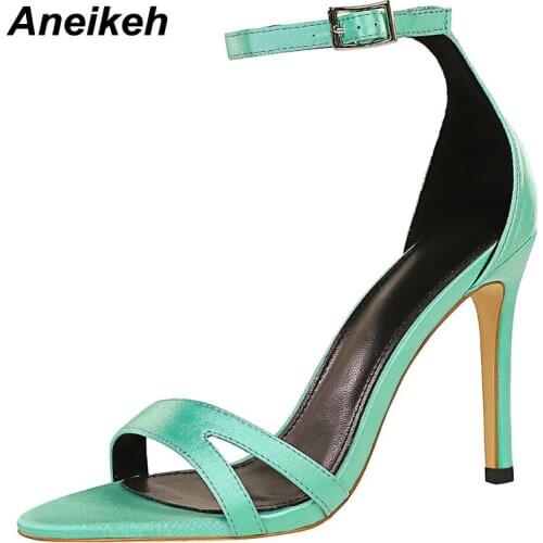 Aneikeh PU Womens Sandals Fashion Sexy Thin Heels Cross-Tied Round Toe Elegant Party Narrow Band Print Plaid Shoes 2021 Summer