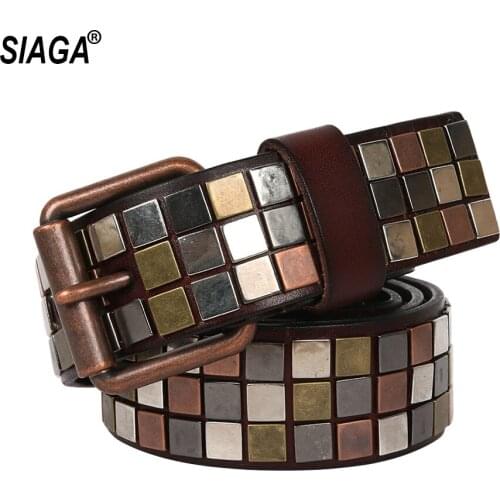 New Unisex Head Layer Cowhid Leather Belt Hide Flat Nail Inlay Square Decorative Personality Handmake Belts Women SA011