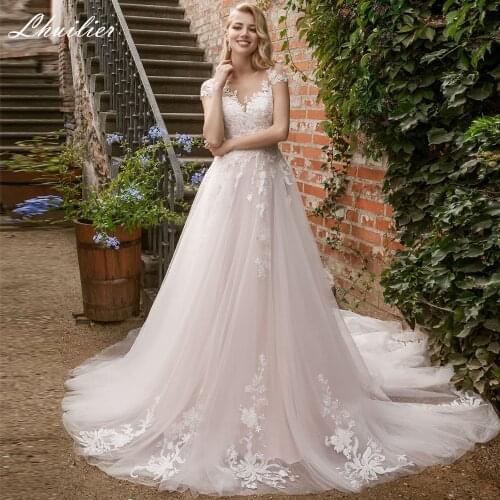 Lhuilier Womens A-line Lace Appliques Wedding Dresses Floor Length Short Sleeves Pink Court Train Tulle Bridal Gowns