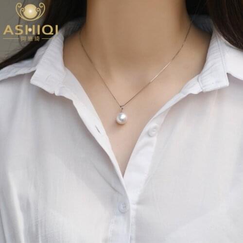 ASHIQI Big Natural Freshwater Pearl Necklace 925 Sterling Silver Round Pendant for women