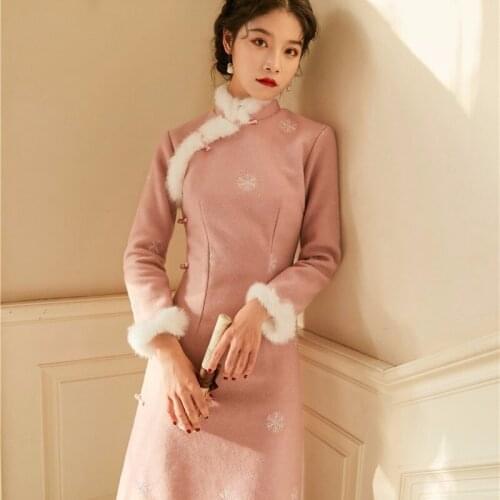 Retro Women Pink Dress Slim Thick Young Chinese Modern Qipao Girl Winter Party Dress Spring Casual Vintage Cheongsam