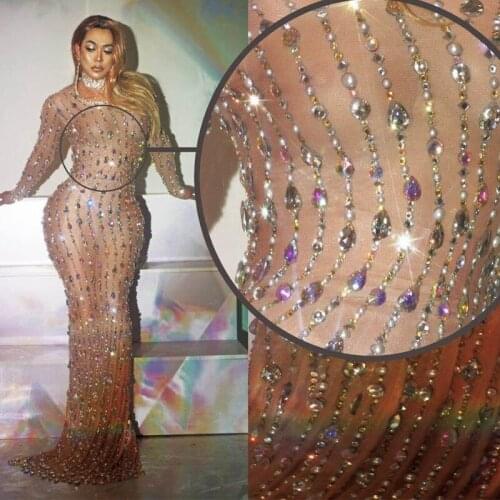 Women Rhinestones Pearl Mesh Dress Birthday Evening Party Long Dresses Nightclub Singer Outfits Sexy Dress Stage Costume DT2320