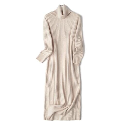 BYGOUBY Thciken Warm Winter Long Knitted Women Sweater Dress Long Sleeve Ribbed Midi Dress Turtleneck Oversized Loose Maxi Dress