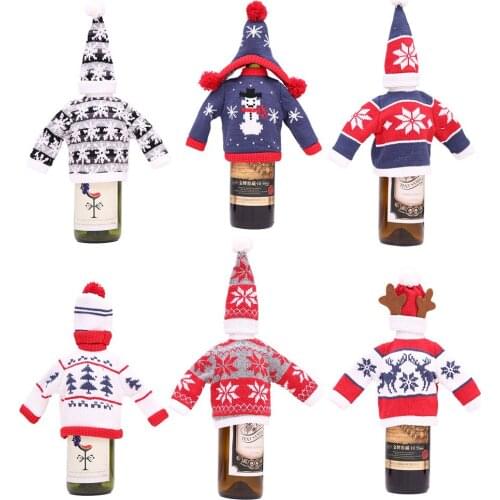 1set Cute Wine Bottle Sweater Cover Bag Santa Claus Knitting Hats for New Year Xmas Home Dinner Party Christmas Decorations