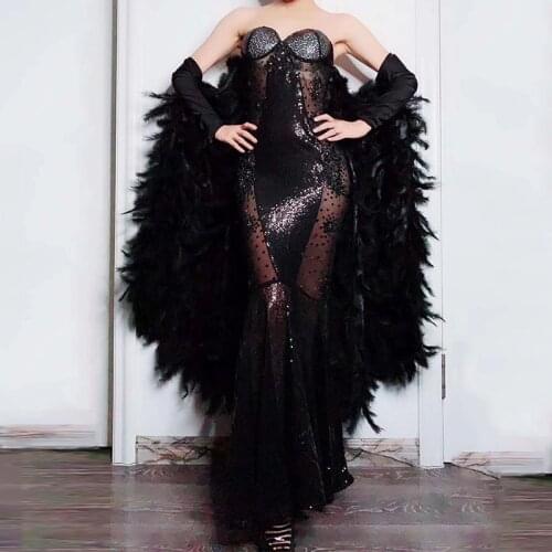 Flashing Black Rhinestone Feather Sleeves See Through Dress Nightclub Women Singer Dance Mesh Dress Prom Party Dresses DJ1019
