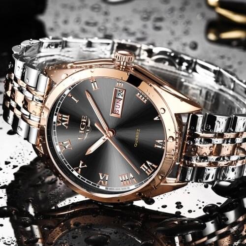 2021 New LIGE Luxury Gold Dial Luminous Pointer Men Watches Business Waterproof Shockproof Chronograph Stainless Steel Watch Men