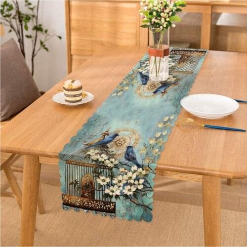 Blue Bird Pattern Digital Printed Decorative Runner Feather Fabric Washable Soft Pattern Runner Table Cloth