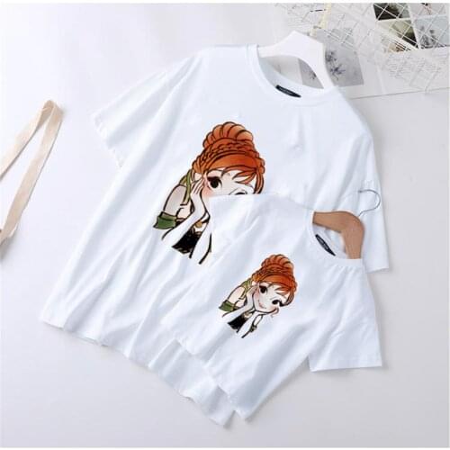 Summer Short Sleeve T Shirts For Mother Daughter Kids Girls White Round Neck Tshirts Harajuku Princess Anna Family Matching Tops