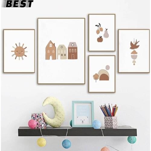 Cartoon Sun rainbow canvas prints House mountain posters and prints Kids Room Wall Art Decoration Picture Childrens Room Art