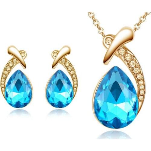 Fancy Women Accessories Austrian Crystal Korean Jewelry Beauty Chain Necklace Earring Set Water Drop Shape Pendant Necklace