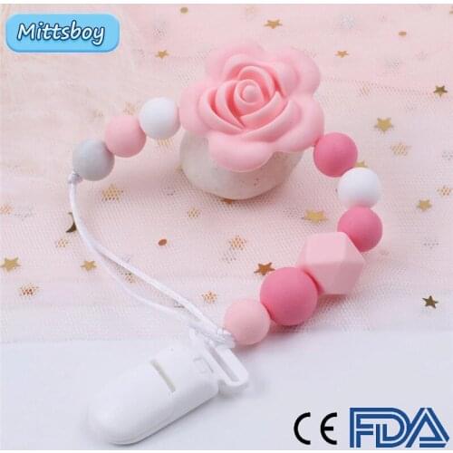New Silicone Round Bead Rose Flower Pacifier Clip Chain Strap Cute Dummy Nipple Leash Strap for Infant Toddler Baby Feeding Gift
