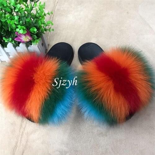 Wholesale Womens Summer Plush Sandals Childrens Cute Furry Slides Fluffy Fur Slippers Ladies Fox Fur Flip Flops Rainbow Shoes