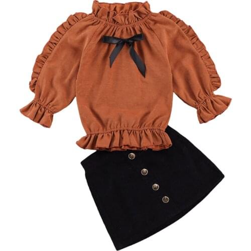 Newborn Baby Girl Autumn Outfits Ruffle Solid Long Sleeve Bowknot Shirt Top High Waist Metal Buttons Wrapped Skirt Sets 1-6Y