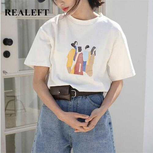 REALEFT Summer 2021 New Casual White Abstract Printing Womens T-Shirts Bottoming O-Neck Short Sleeve Female Loose Shirts Tops