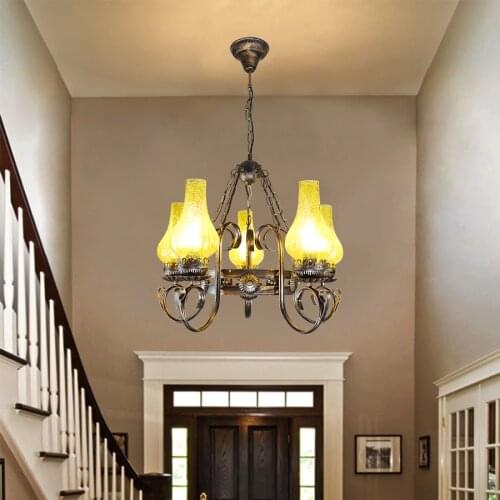 Retro Industrial Chandelier Lamp For Living Room Restaurant European Wrought Iron Lamps 4/6 heads Amber Lampshade E27 Lighting