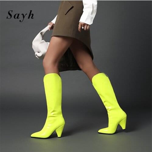 Fashion Woman High Heel Knee High Boots Pointy Toe Tall Riding Boots Womens Winter Boots Bright Patent Leather Shoes Big Size