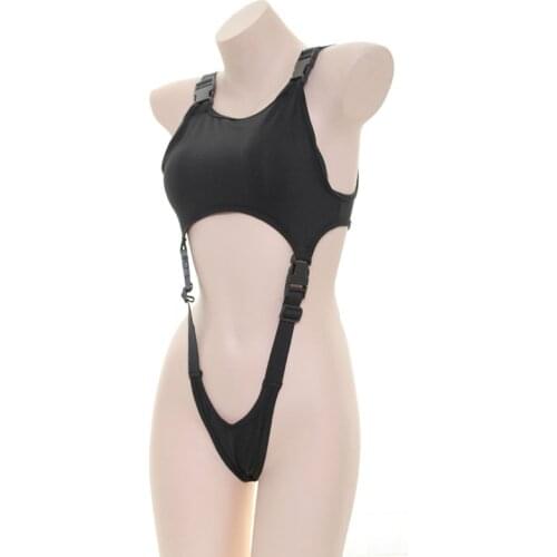 Japanese Sexy Hollow Out Jumpsuits Women Black Silm Lady Sukumizu Swimwear Teen Girls Schoolbag Buckle Black Siamese Cos Vest