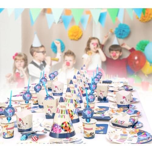 Birthday Party Decorations Disposable Paper Tableware Set Animal Theme Straw Tissue Whistle Banner Kid Children Parties favor