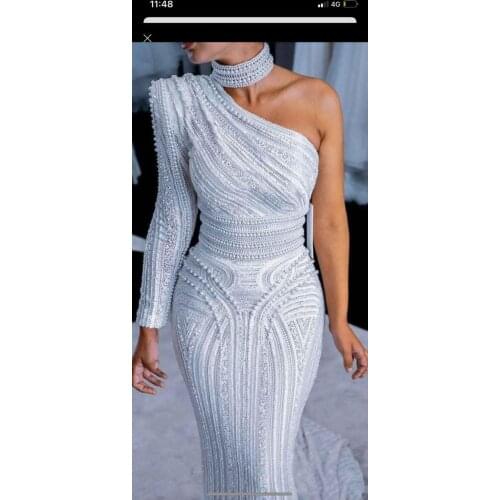 Vintage One Shoulder Beaded Long Sleeve Pearls Wedding Dresses with Overskirt