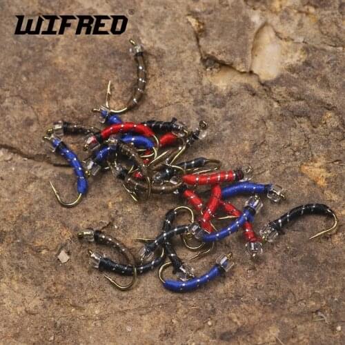 Wifreo 8pc Caddis Larva Chironomid Midge Pupa Crystal Bead Head Nymph Buzzer Fly Trout Fishing Bait Blue Black Red Brown 4 Color