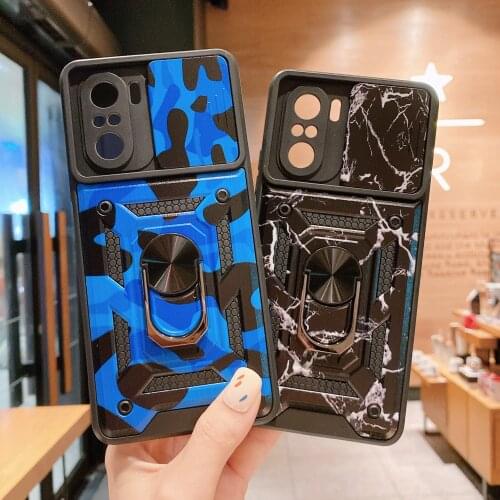 Camouflage Slide Lens Protection Phone Case For Xiaomi Redmi K40 Pro POCO F3 X3 NFC Redmi Note 10 Pro Max Ring Stand Back Cover