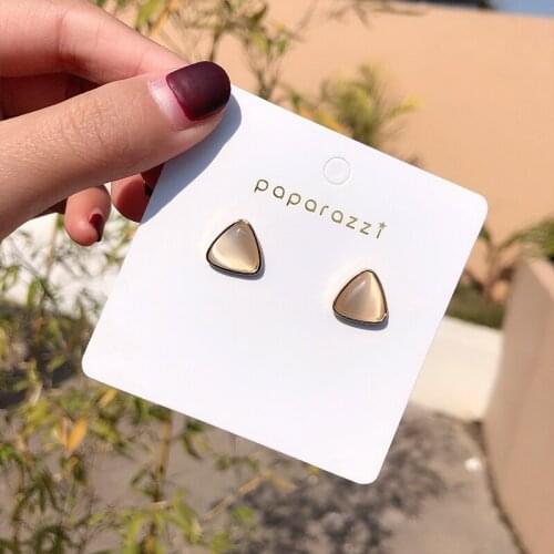 Silver Plated Needles Cats Eye Stone Triangle Beige Simple Geometry Alloy Women Stud Earrings