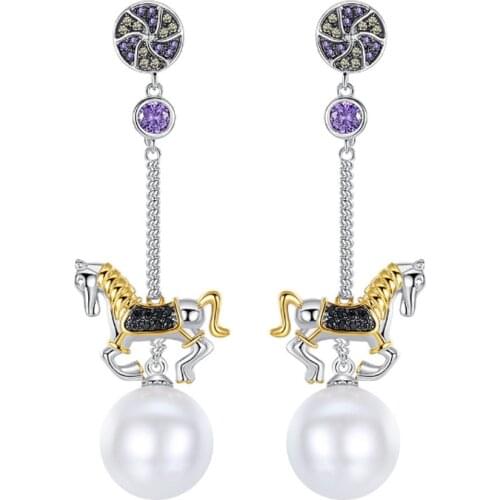 Zlxgirl jewelry Korean style pearl copper horse shape long earring perfect womens wedding stud earring bridal accessory