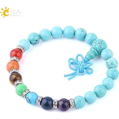 CSJA Women 7 Chakras Beaded Bracelet 8mm Turquoises Gems Stone Beads Jewelry Braided Ethnic Knot Buddha Strand Bracelets F590