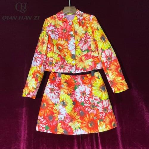 Qian Han Zi designer fashion runway two piece set Long sleeve coat top+Retro chrysanthemum print mini skirt suit Women New 2021