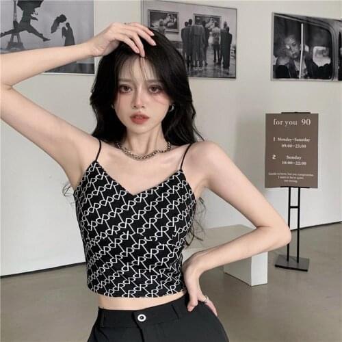 Ins Port Style Ice Silk Camisole Short Female Letter Short Brand Outer Wear Inner Wear with Chest Pad and Beautiful Back Women