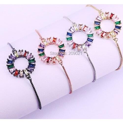 10Pcs New Fashion micro pave rainbow Cubic Zirconia charm Round Circle Bracelet For Women Adjustable CZ Jewelry Gift