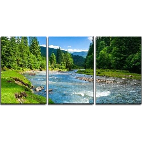 3 Piece Canvas Wall Art Landscape with Mountains Trees and a River in Front Modern for living room Home Decor