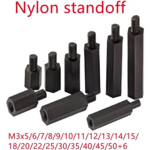 50Pcs nylon spacer M3*5/6/7/8/9/10/11/12/13/14/15/18/20/22/25/30/35/40/45/50+6 Black Hex Nylon Standoff