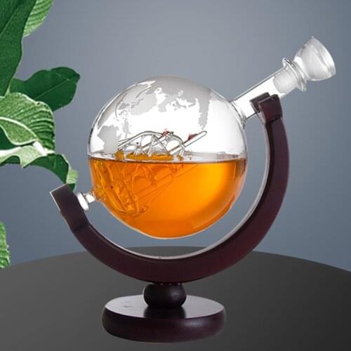 850mL Whiskey Decanter Globe Wine Glass Set with Lead-free Carafe Exquisite Wood-stand Liquor Bourbon Vodka Wine Glass Dispenser