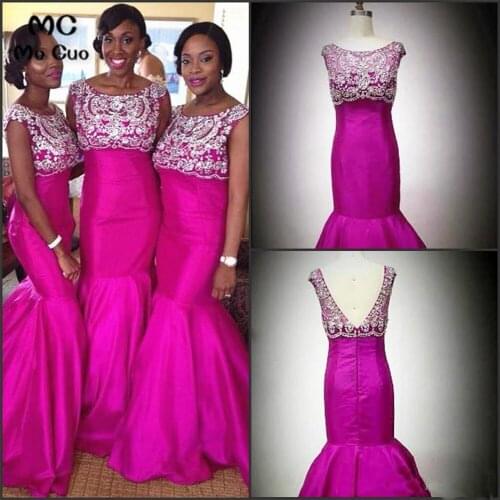 African Fushina Mermaid Bridesmaid Dress Crystals Beaded Wedding Party Dress Short Sleeves Hard Satin Zipper Bridesmaid Dresses