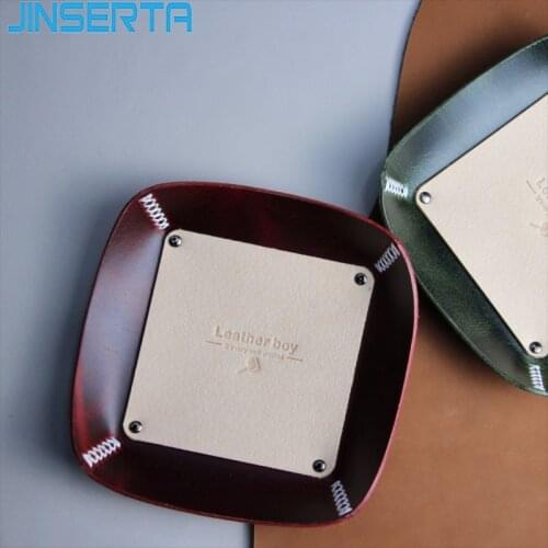 JINSERTA Antique Storage Tray Genuine Leather Jewelry Display Plate Cosmetic Organizer Desktop Keys Coins Sundries Storage Box
