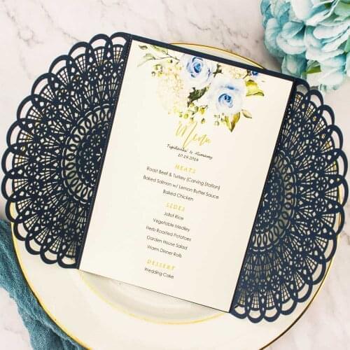 Free Shipping 1X Blush Gold Navy Wedding Invitation Card Laser cut Hollow wedding invitations Invite greeting cards envelope