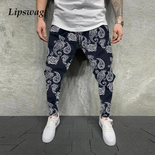 Vintage Print Hip Hop Men Harem Pants Casual Patchwork Drawstring Pencil Pants Mens Clothing 2021 Spring Summer Fashion Trousers