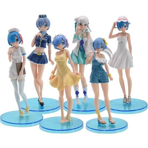 6pcs/set Anime Re:Life In A Different World From Zero Rem Ram Swimsuit Strap Denim Action Figure Collection Model Figurine Toys